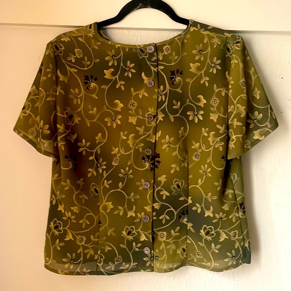 Vintage short sleeve button back green floral blouse by Plaza South-polyester - Picture 2 of 5